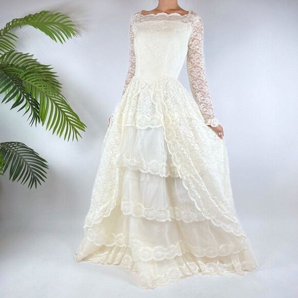Vintage 50s Cream CottagecoreāFloral Lace Chantilly Maxi Tier Prom Dress / Sz: S - Picture 1 of 10